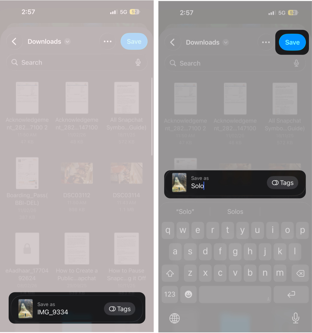 Renaming a photo while saving it to the Files app on iPhone.