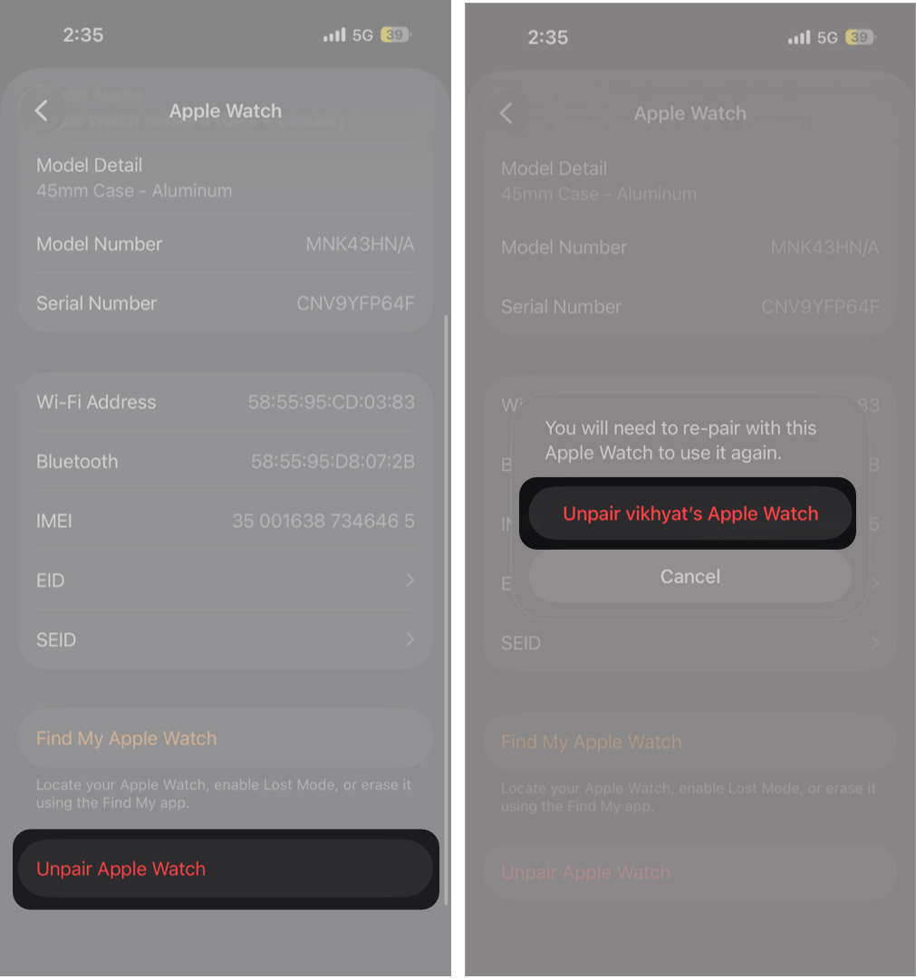 Tap Unpair Apple Watch and Press Again to Confirm