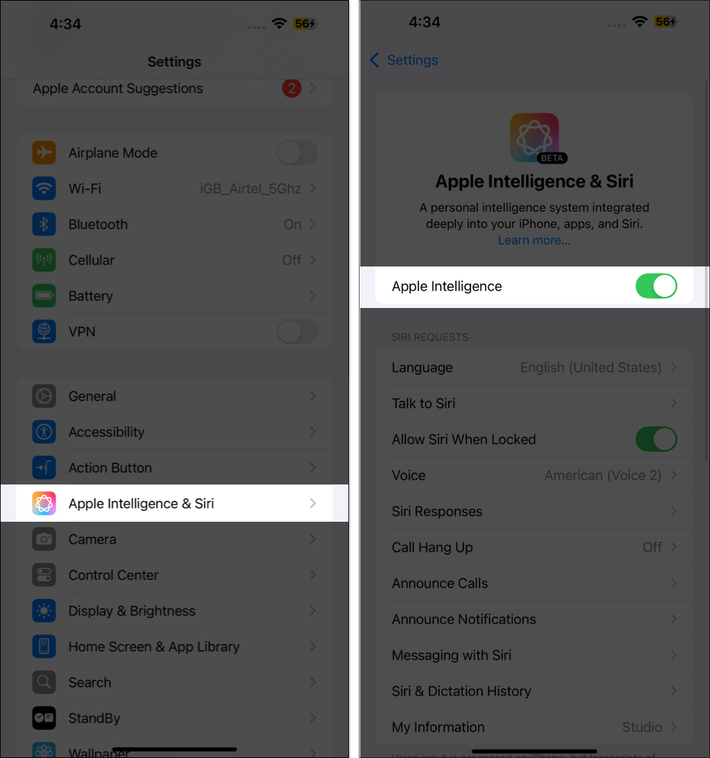 Toggle on Apple-Intelligence and Siri from iPhone settings app