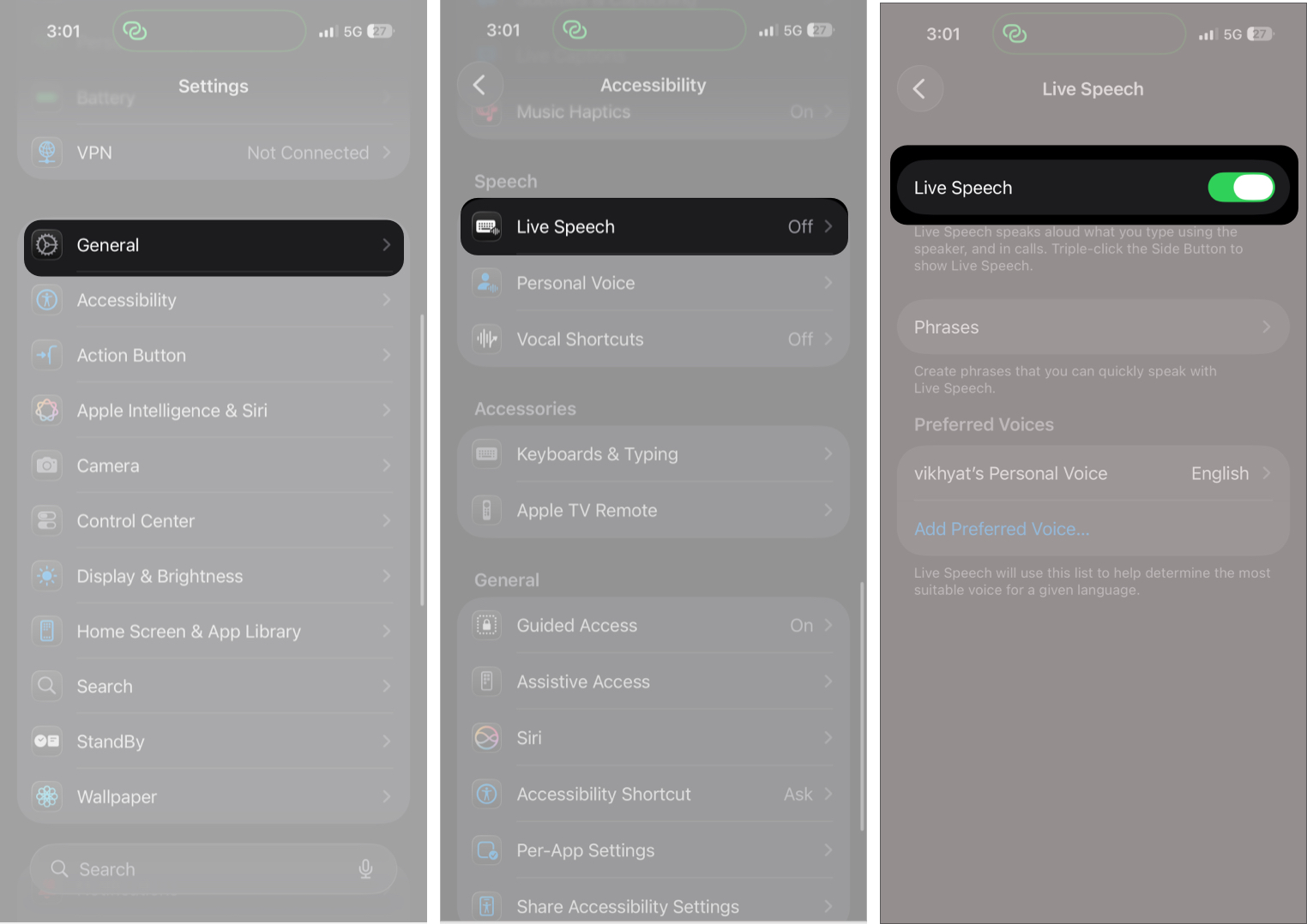 Toggle on Live Speech In iPhone