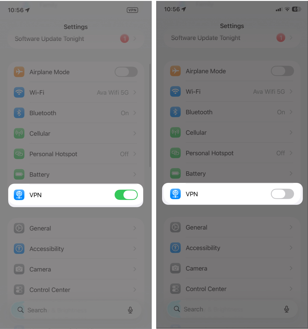 Turning off VPN in iPhone Settings.