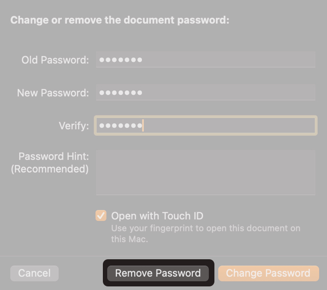 click Remove Password