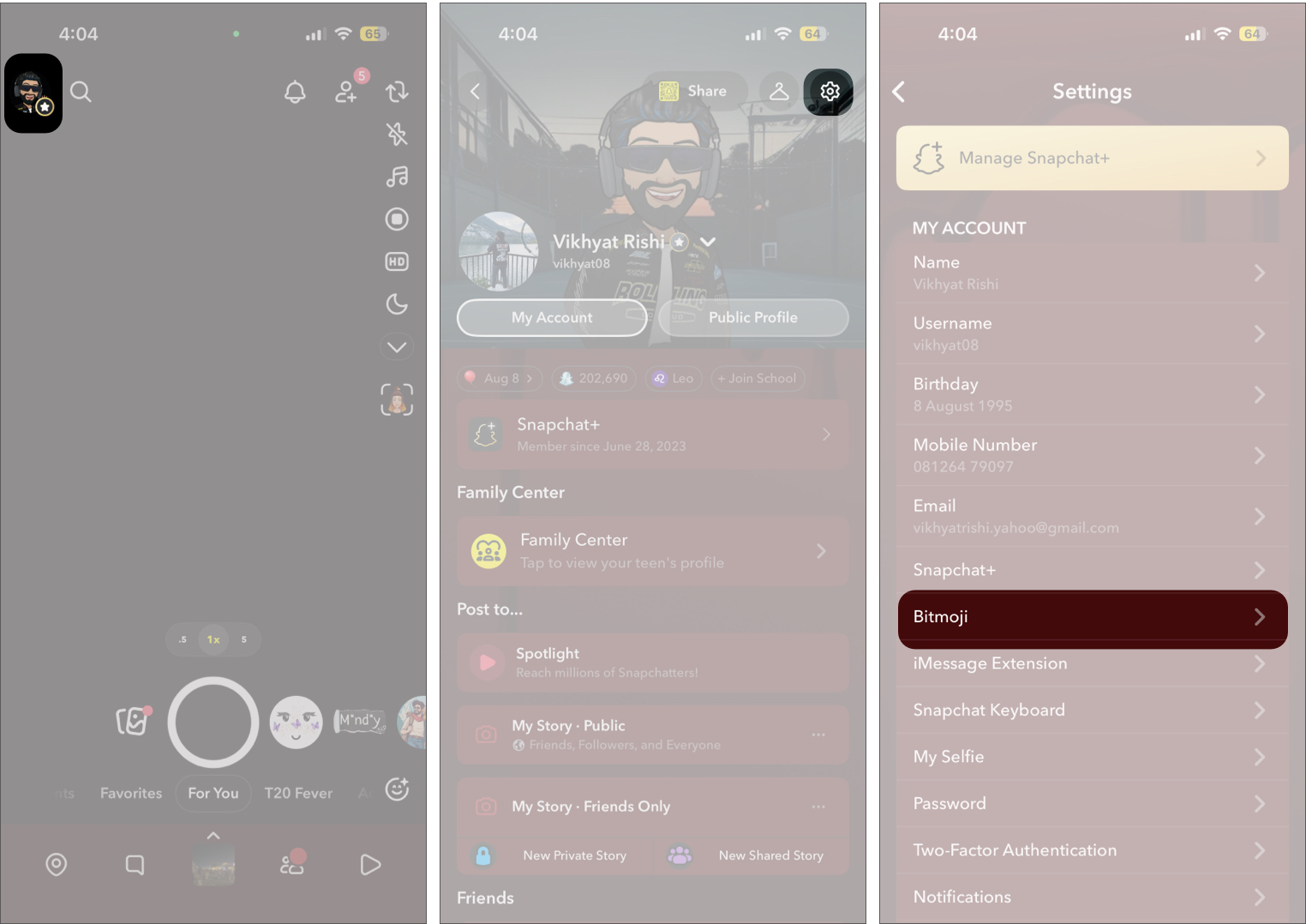 Accessing Snapchat Bitmoji Settings