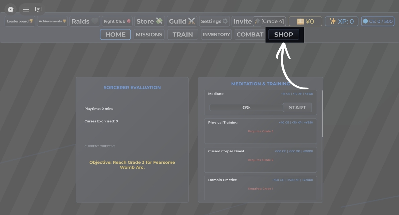 Click the Shop button at the top right of the screen