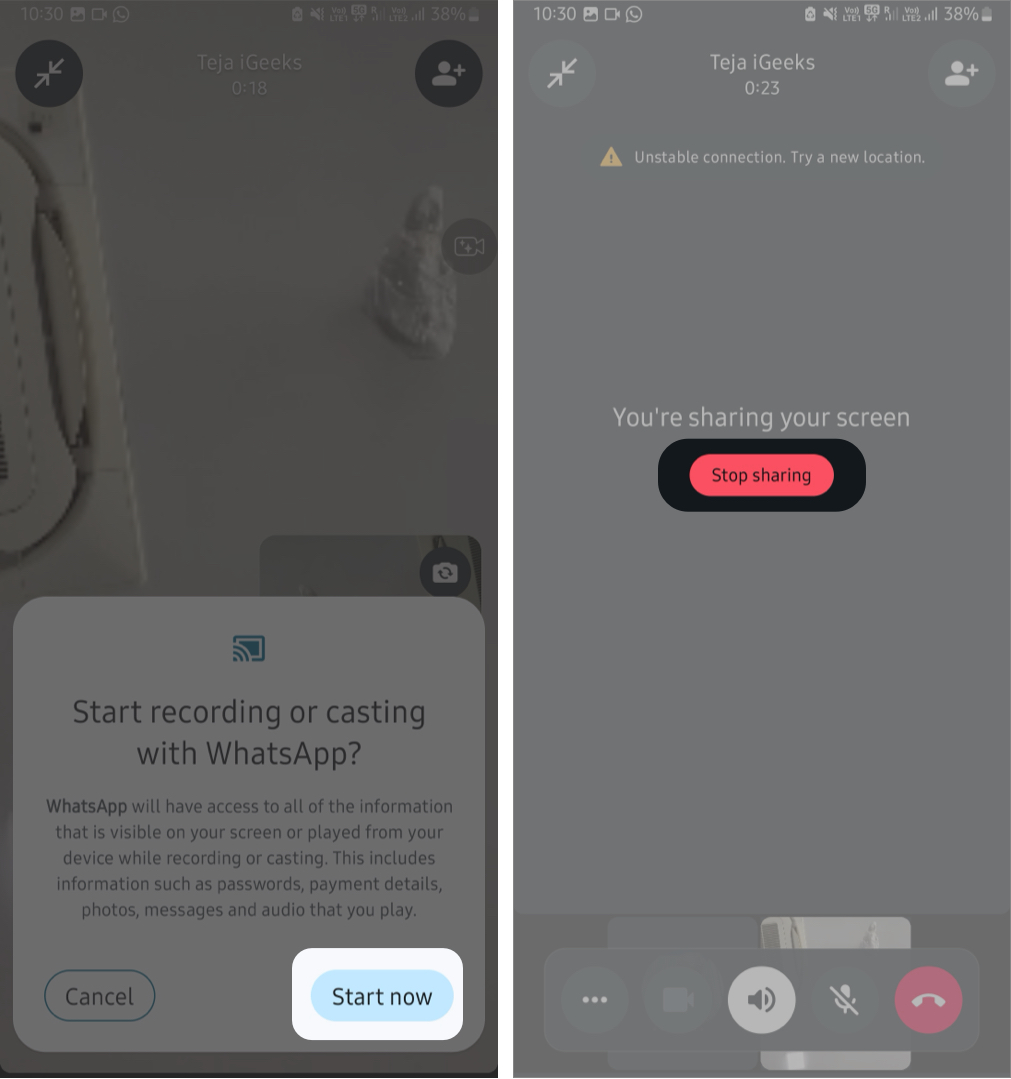 Confirming And Stopping a Screen Broadcast During a Whatsapp Call On Android.
