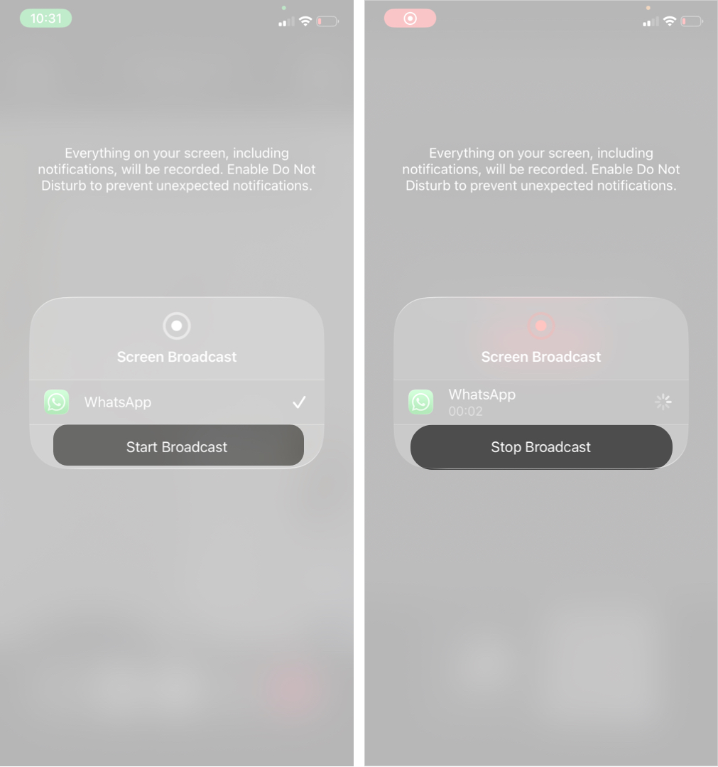 Confirming and Stopping a Screen Broadcast During a Whatsapp Call On iPhone.
