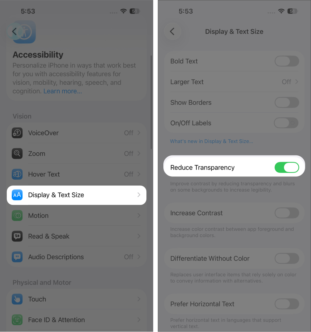 Enabling Reduce Transparency in iPhone settings