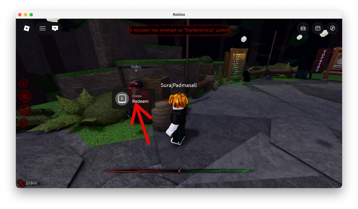 Open Evil Plate Game on Roblox, spawn in the lobby, find Codes NPC near the shop or leaderboard, and interact to open code window