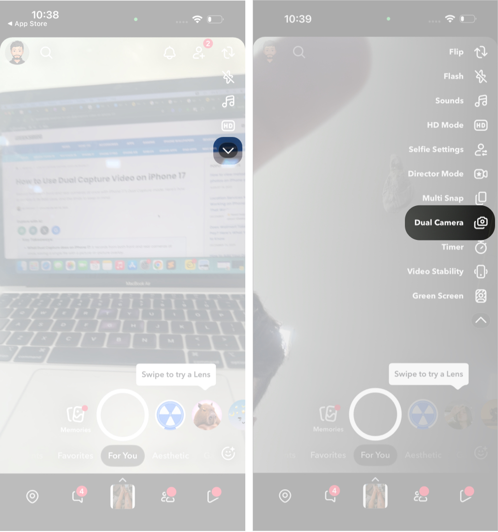 Open Snapchat Then Tap Dual Camera Under The Arrow
