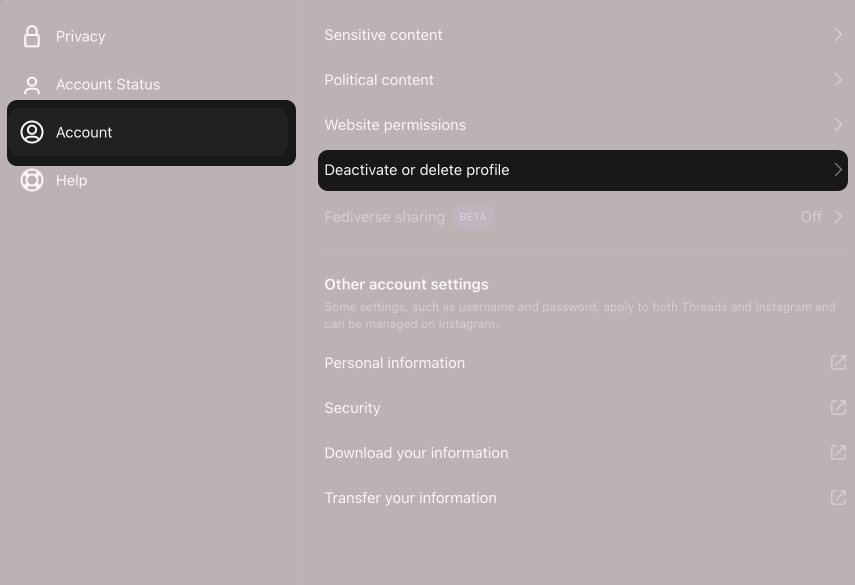 Select Account and Click Deactivate or Delete Profile