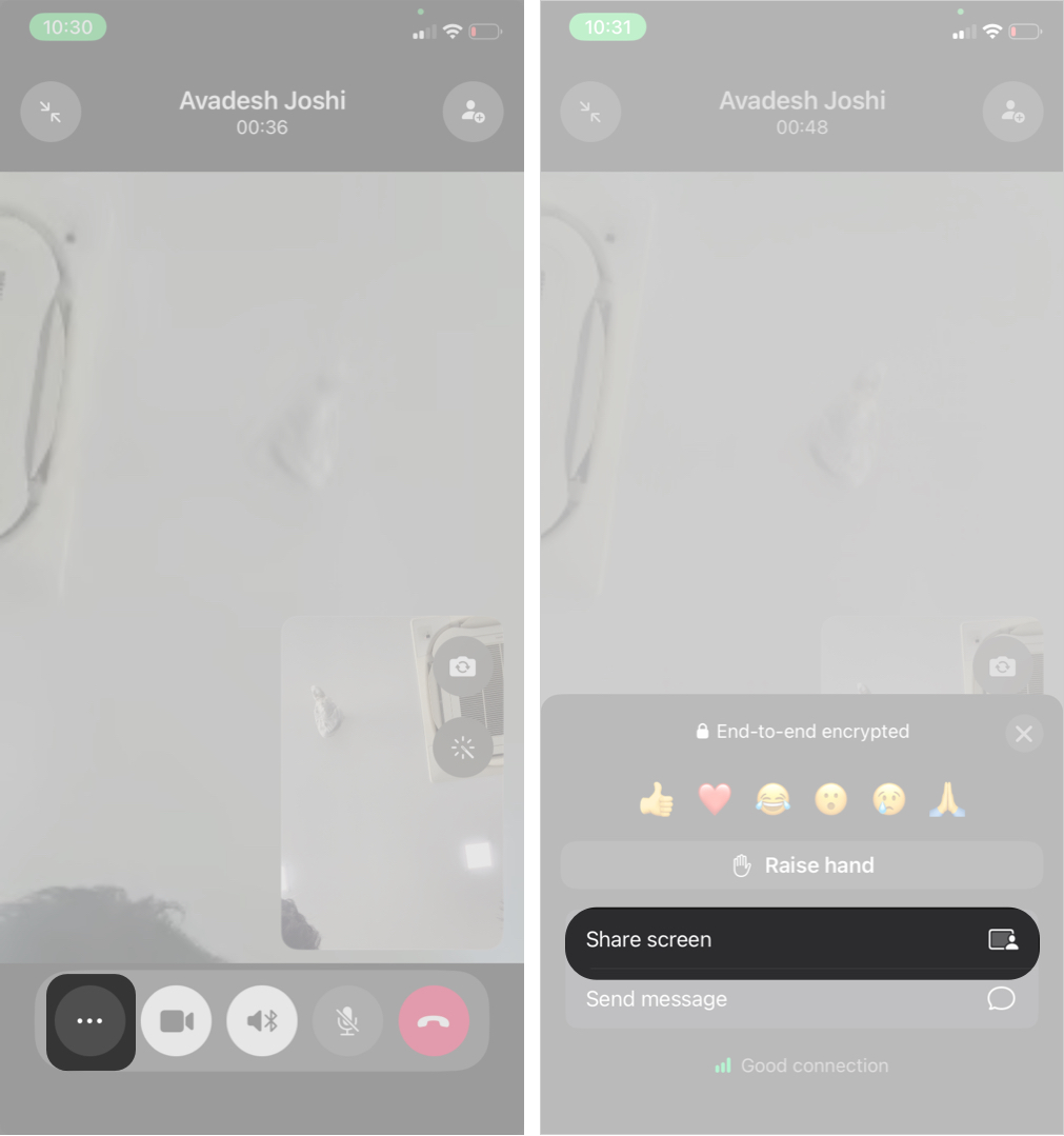 Starting a Screen Share During a WhatsApp Video Call On iPhone