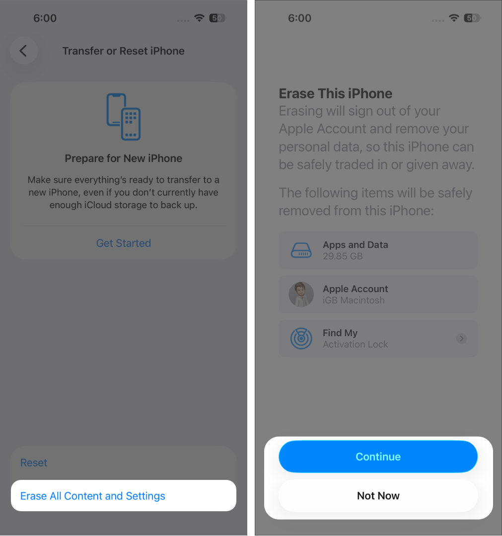 Tap Erase All Content and Settings.