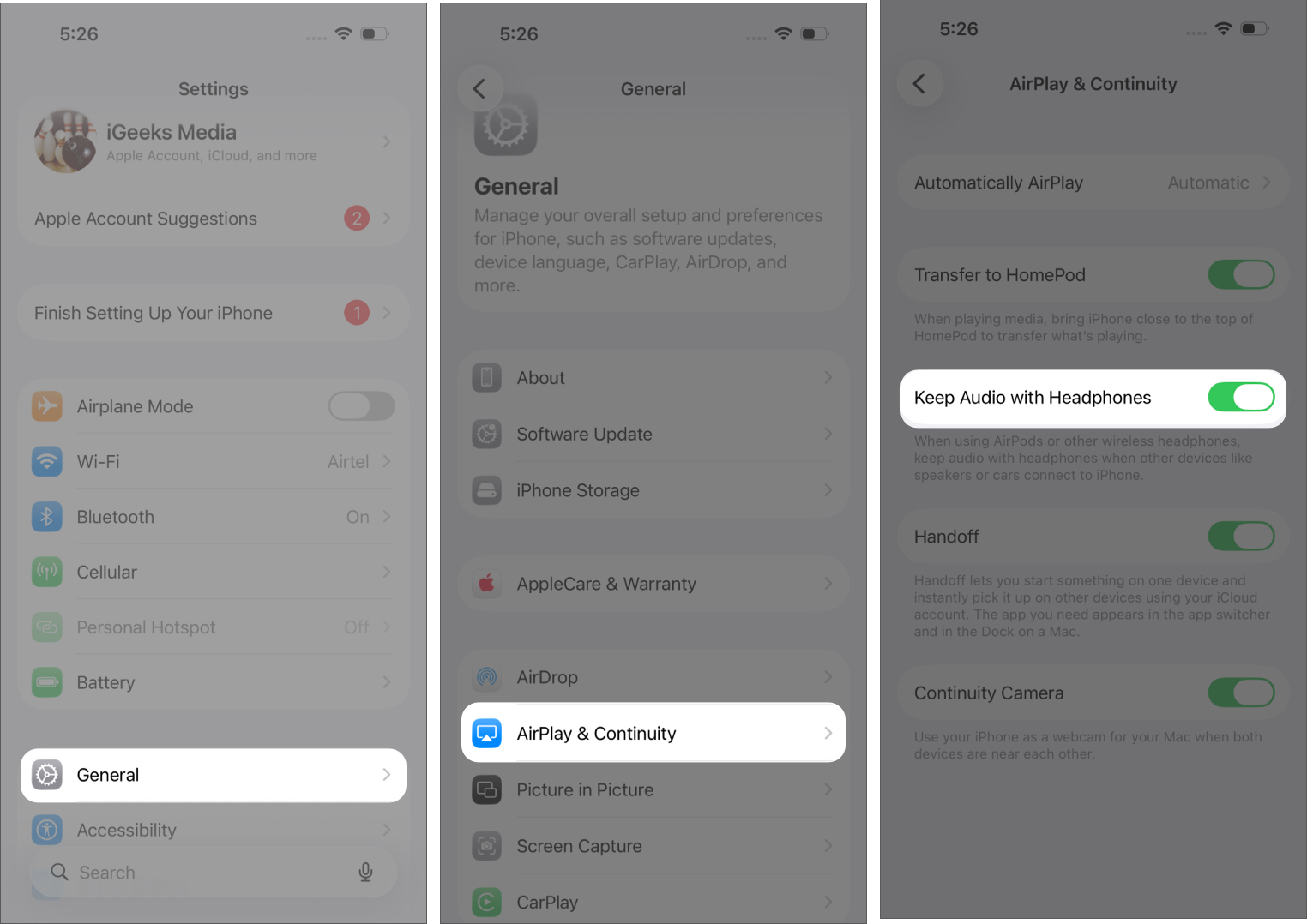 Turn on Keep Audio with Headphones In iPhone