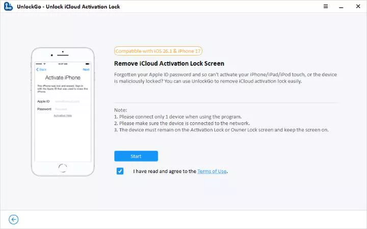 Screenshot of UnlockGo UI: left shows an iPhone mockup while right describes removing iCloud Activation Lock with a Start button and terms checkbox.