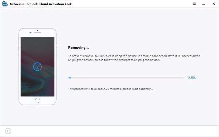 Interface showing iCloud Activation Lock removal in progress; progress at 2.5% with a phone image and status text nearby.