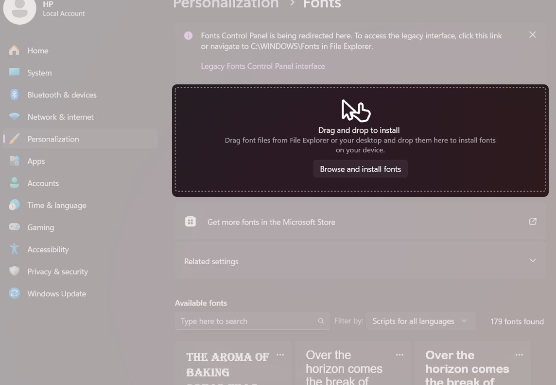 Click Browse and install fonts