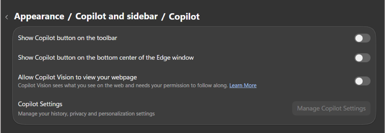 Click Copilot and toggle off all the options