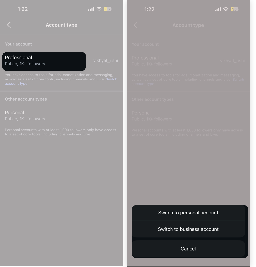 Confirming Personal Account Switch