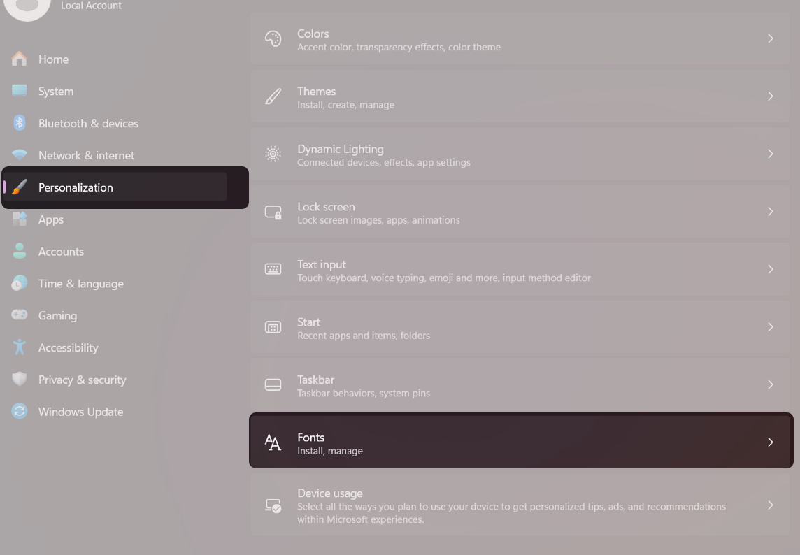Go to Personalization and select Fonts
