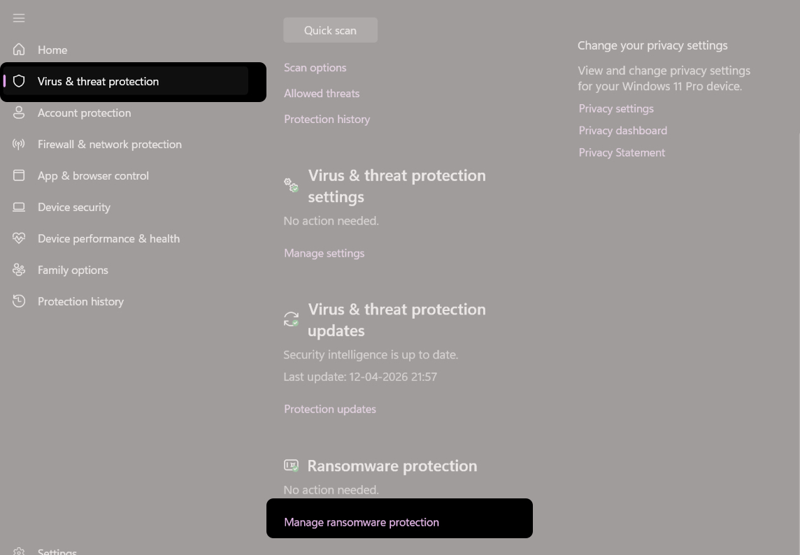 In Virus & threat protection click Manage ransomware protection