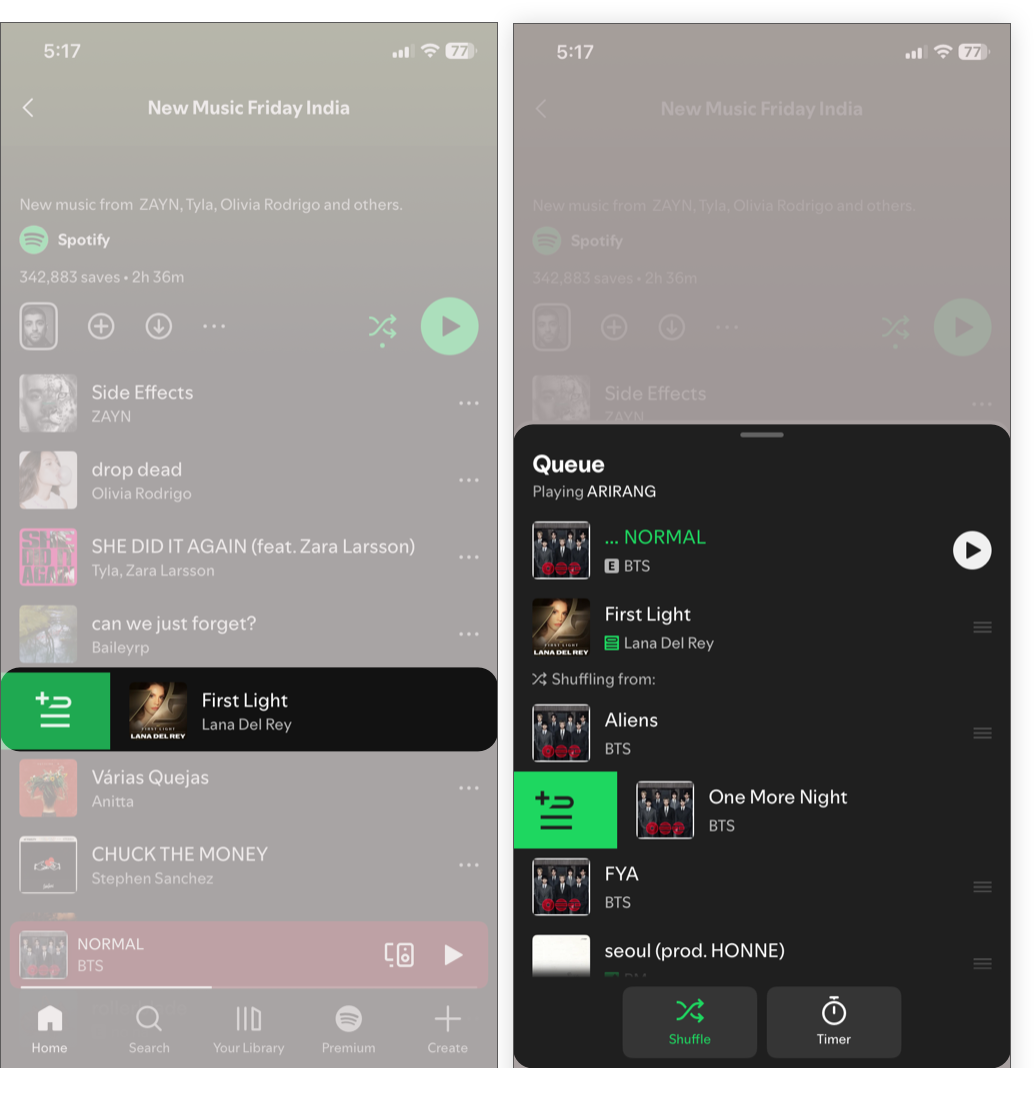Swipe right to queue