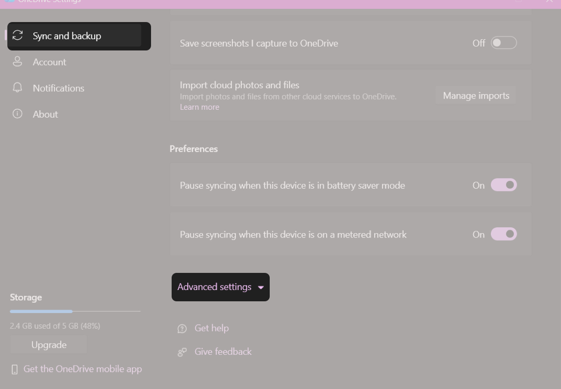 Sync & Backup and Click Advanced Settings