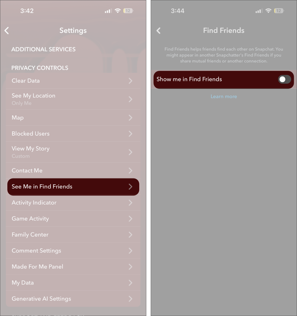 Turned off See Me in Find Friends Visibility