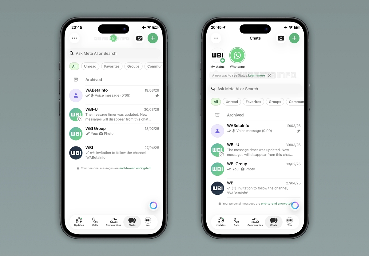 WhatsApp Status updates directly into chats tab