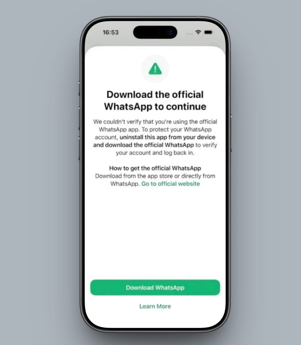 WhatsApp notification warning users to download the official app