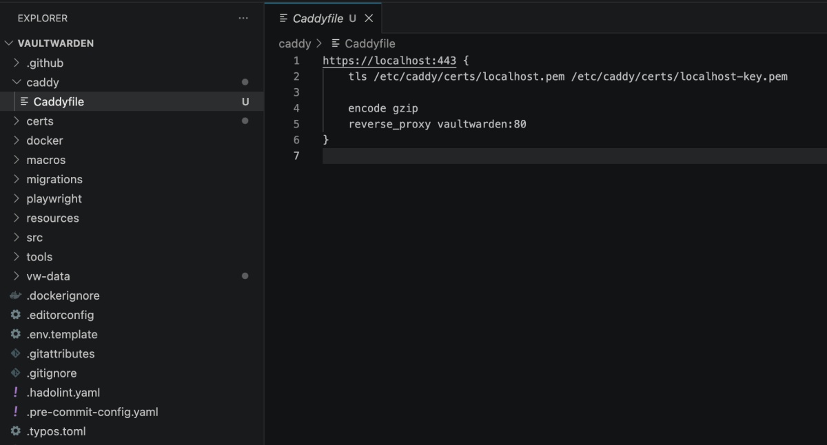 Caddyfile to run HTTPS locally for Vaultwarden