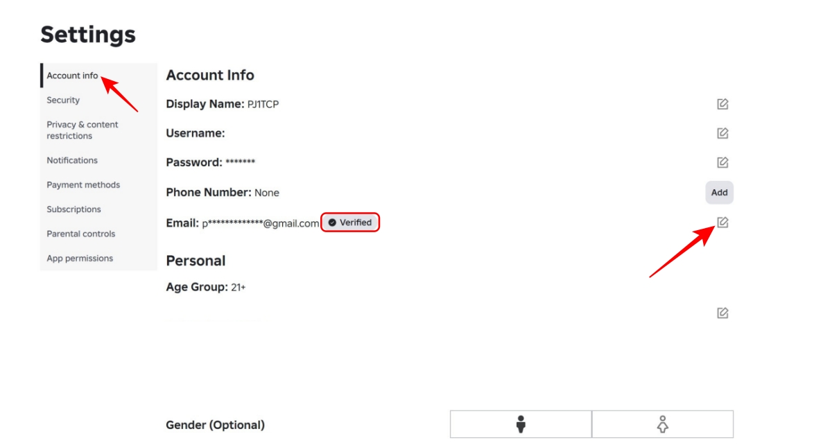 Account info settings roblox