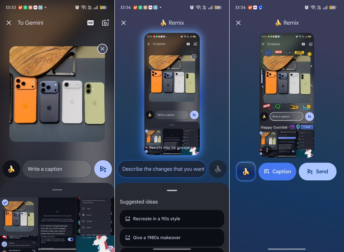 Attach a photo and tap Nano Banana to remix the image