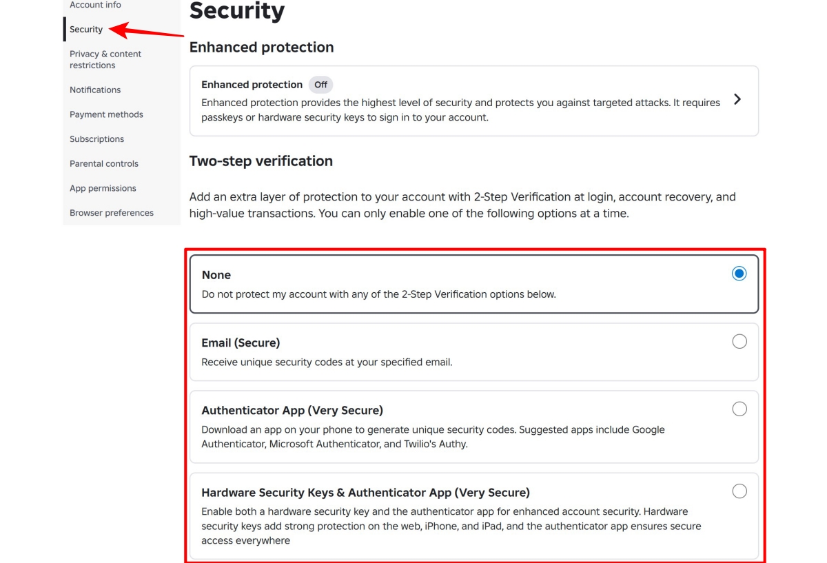 Choose the Security section