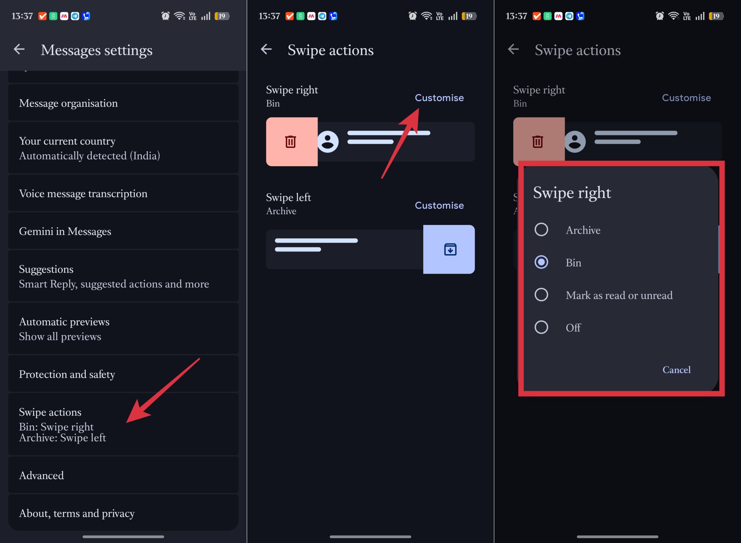 Customize swipe actions