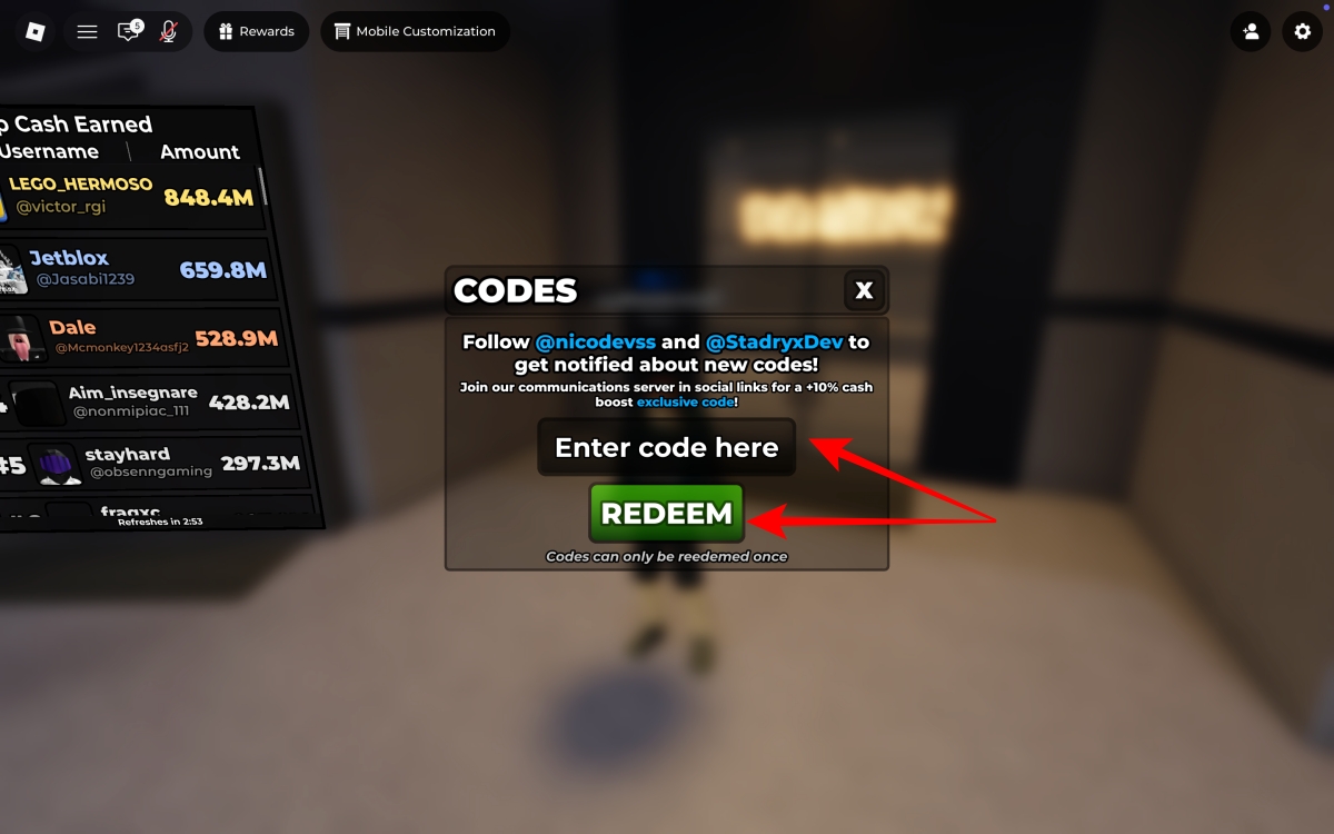 Enter a code and click Redeem to claim rewards
