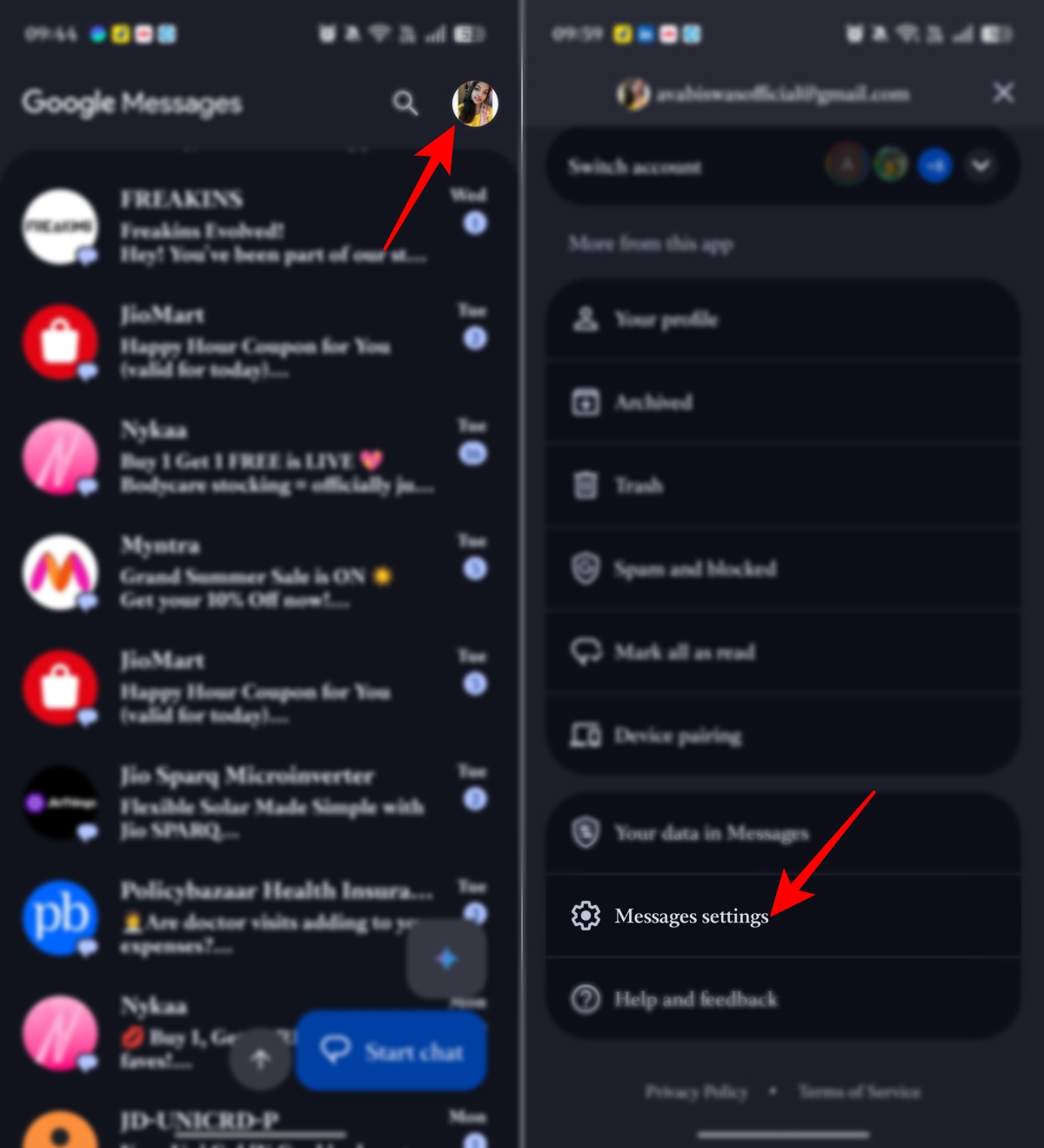 Open Messages settings from profile menu