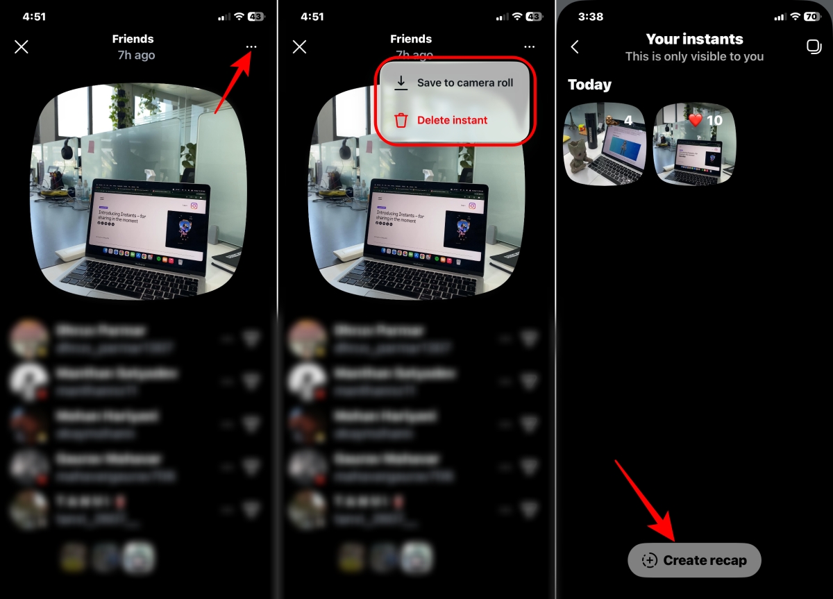 Save delete or share Instants from the menu