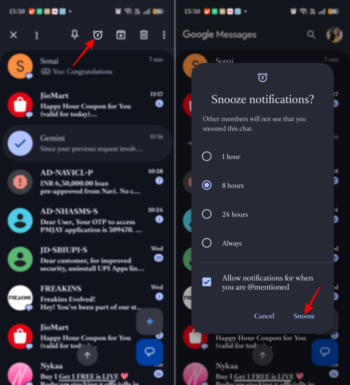 Select a chat and set a snooze duration for notifications