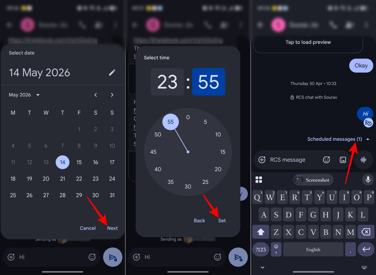 Select date and time then send scheduled message
