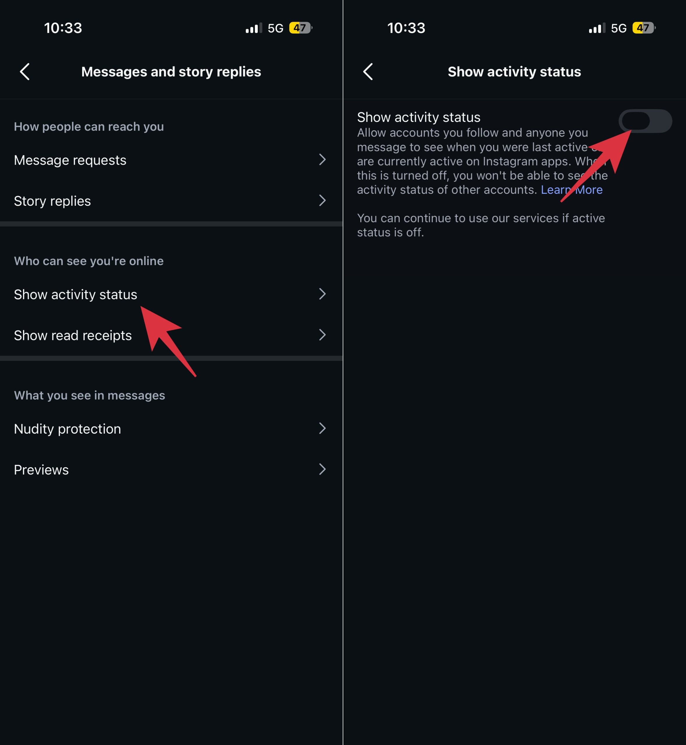 Turning off instagram activity status