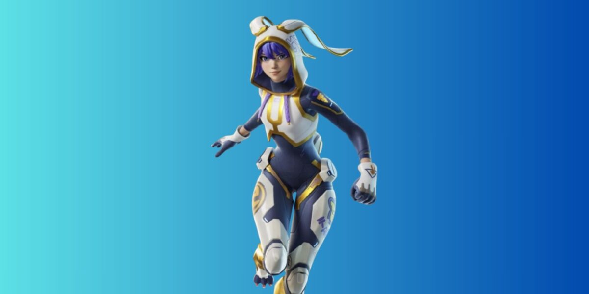 Female fantasy game character in a white, blue, and gold armored suit leaping across a teal-to-blue gradient background.