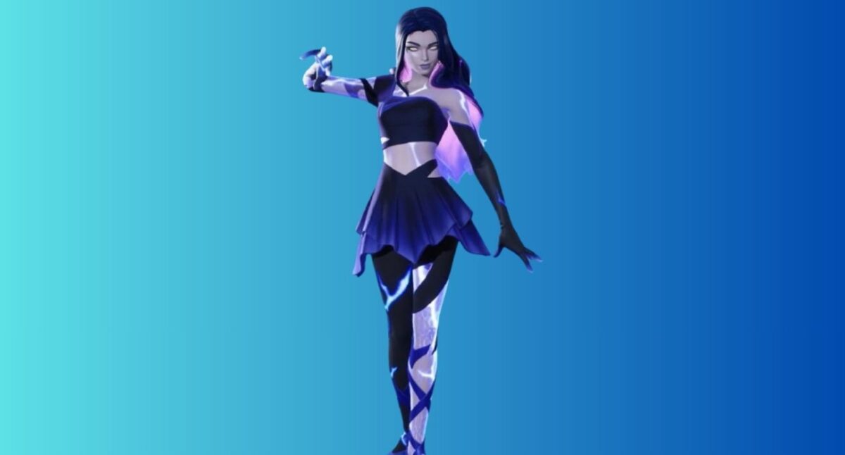 Stylized female video game character in a blue‑purple costume posing against a blue gradient background.