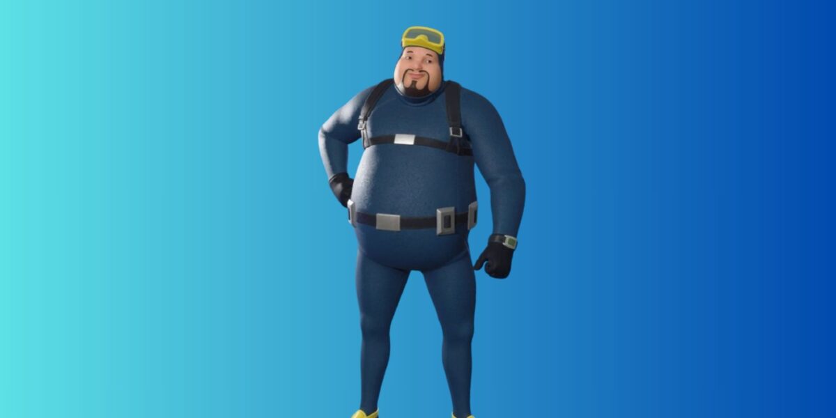 Cartoon diver in a blue suit standing with hands on hips against a teal‑to‑blue gradient background.