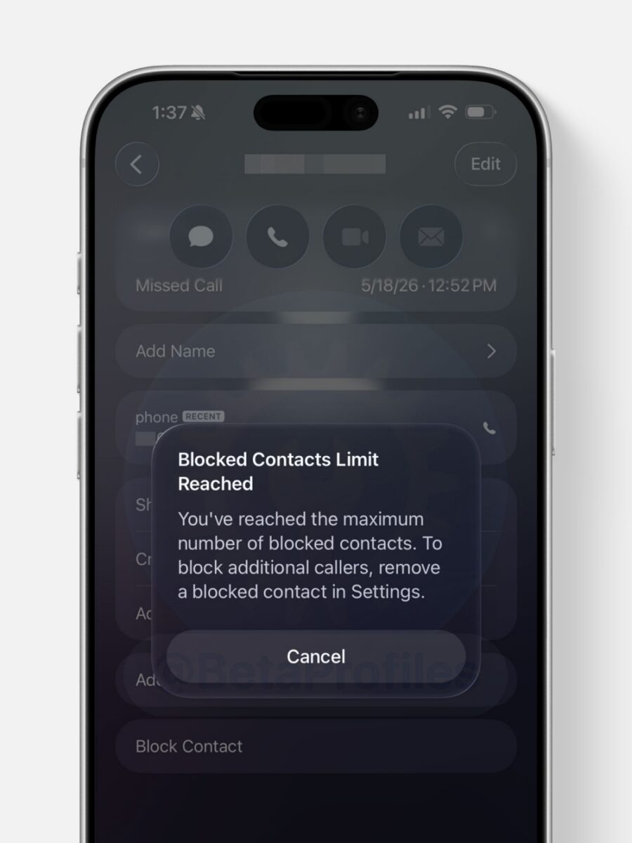 iOS 26.6 beta will show an alert if you’ve reached the blocked contacts limit