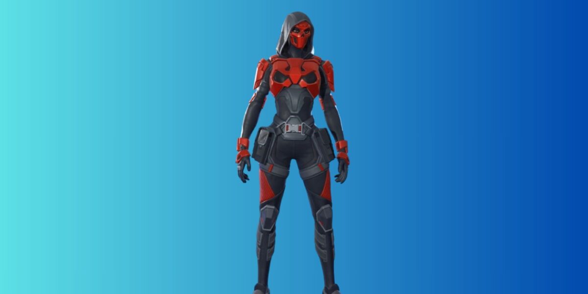 Red and black armored character with a hood, standing against a blue gradient background.