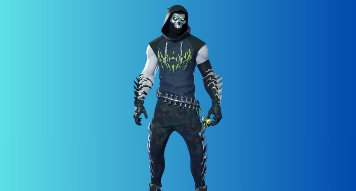 Fortnite-style hooded character with a skull mask and glowing green eyes, wearing a blue sleeveless top, camo pants, spiked arm armor, and a glowing pickaxe against a blue gradient background.