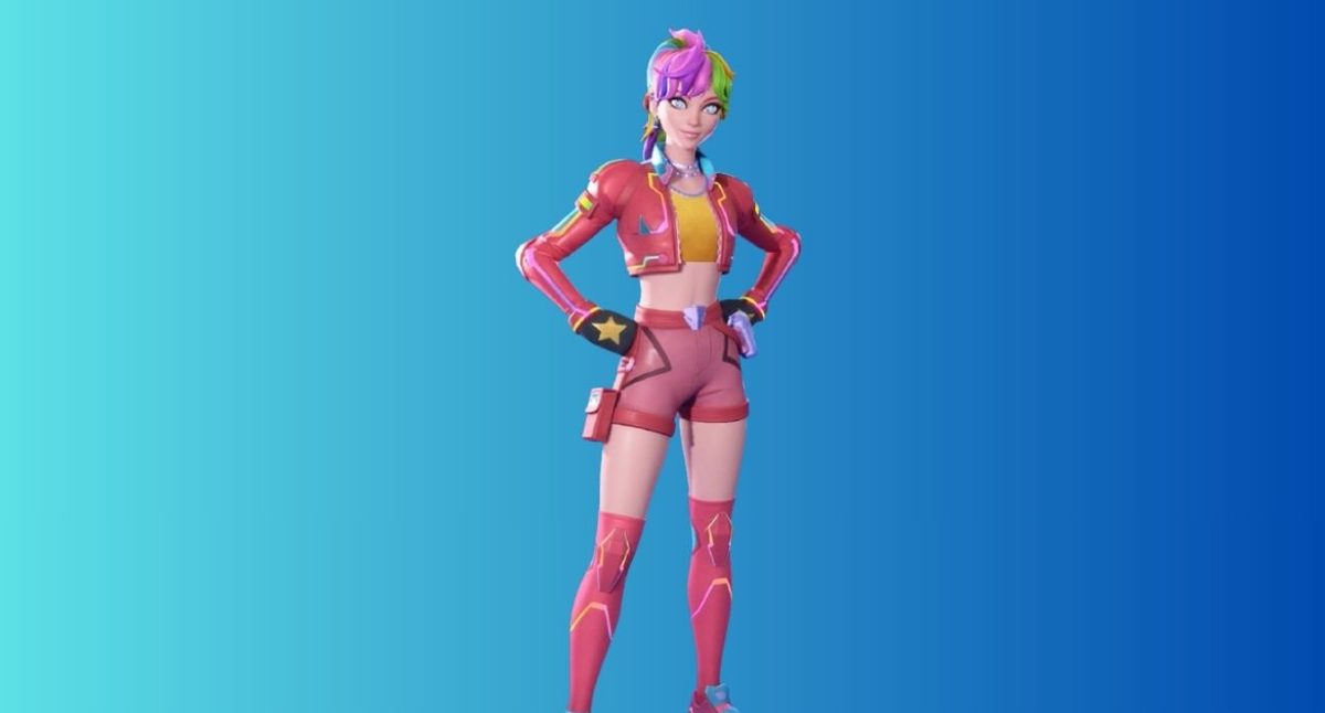 Colorful Fortnite character in a red jacket and pink shorts stands confidently against a blue gradient background.