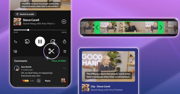 Spotify Podcast Clips sharing interface showing a podcast clip timeline and shared clip preview