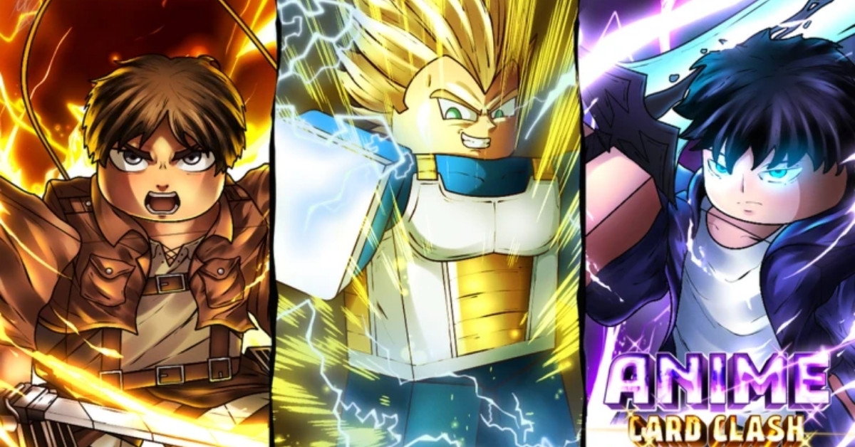 Three anime-style warriors charging with energy: left swordsman, center golden-armored fighter, right aura-wielding fighter; 'Anime Card Clash' logo at bottom.