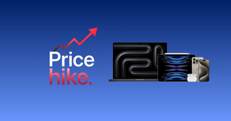 Graphic showing 'Price hike' with a red rising arrow, beside a lineup of Apple devices (MacBook, iPad, iPhone, AirPods) on a blue gradient background.